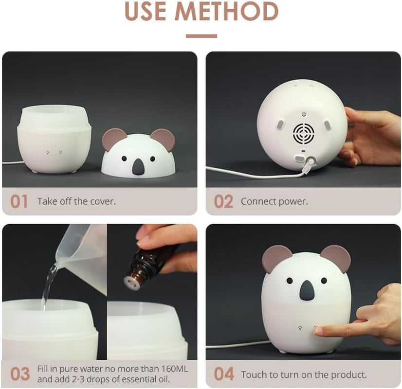 Koala USB Diffuser, 160Ml Cute Portable Travel Diffuser for Essential Oils, Mini Cool Mist Humidifier for Kids Children Home Bedroom