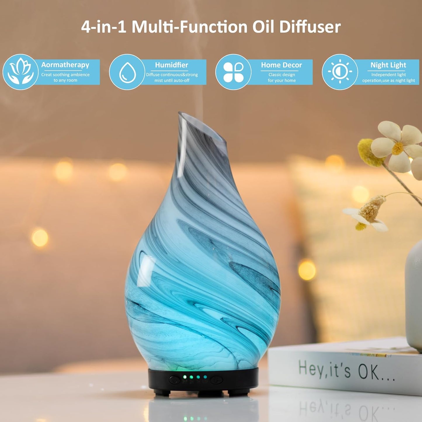 Essential Oil Diffuser 120ML Aroma Ultrasonic Humidifier Night Lights with Handmade Glass